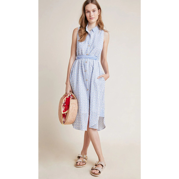 By Anthropologie Kismet Shirtdress Eyelet Lace Stripe Dress Anthro 12P 12 Petite - Picture 4 of 16